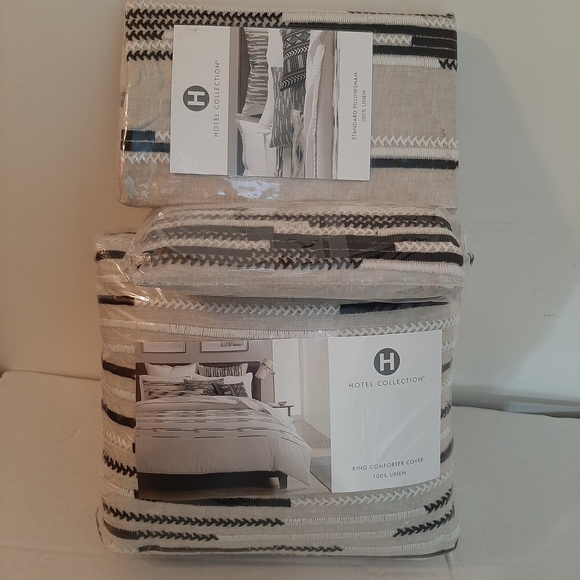 HOTEL COLLECTION Global Stripe Linen King Duvet Cover & 2 Standard Shams - Picture 14 of 16